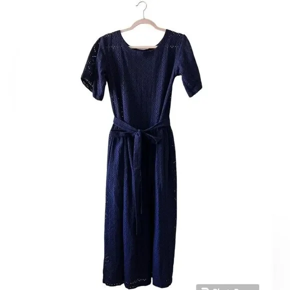 Lisa Marie Fernandez Navy Blue 100% Cotton Eyelet Shift‎ Midi Dress Small